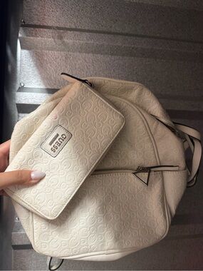 GUESS Cream Embossed Logo Backpack with Matching Wallet Set